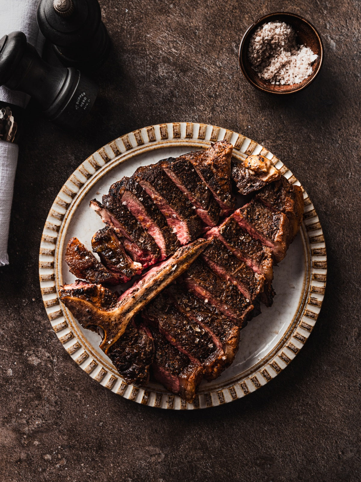 Angus X Hereford Dry Aged Beef Porterhouse Steak, Peppercorn Jus, Mashed Truffled Potatoes