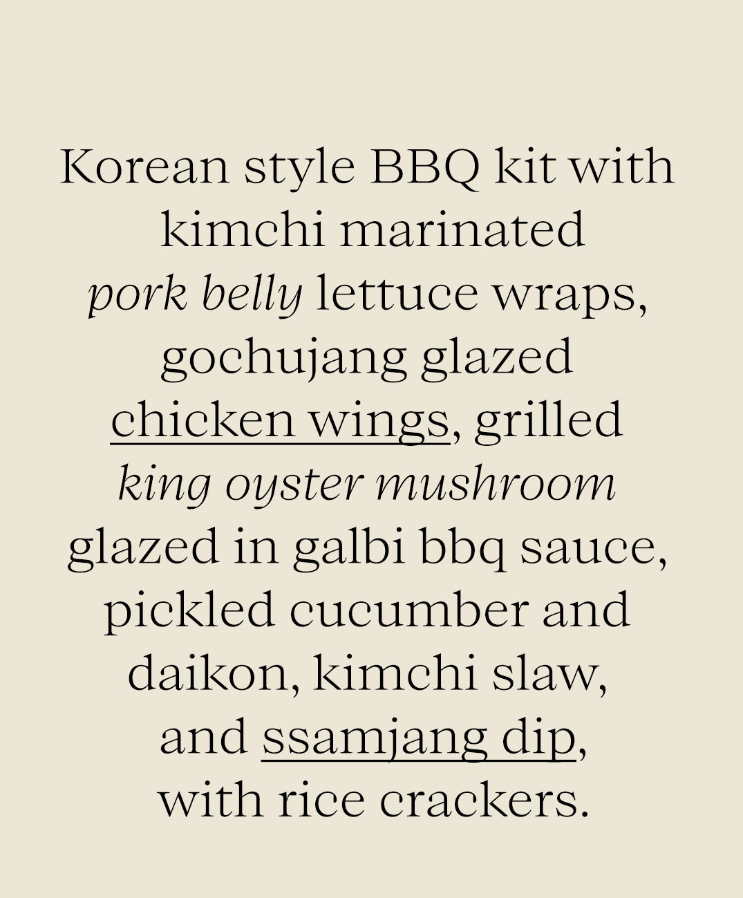 Seoul Sizzle BBQ Box - Korean Style Pork Belly, Chicken Wings, Oyster Mushrooms