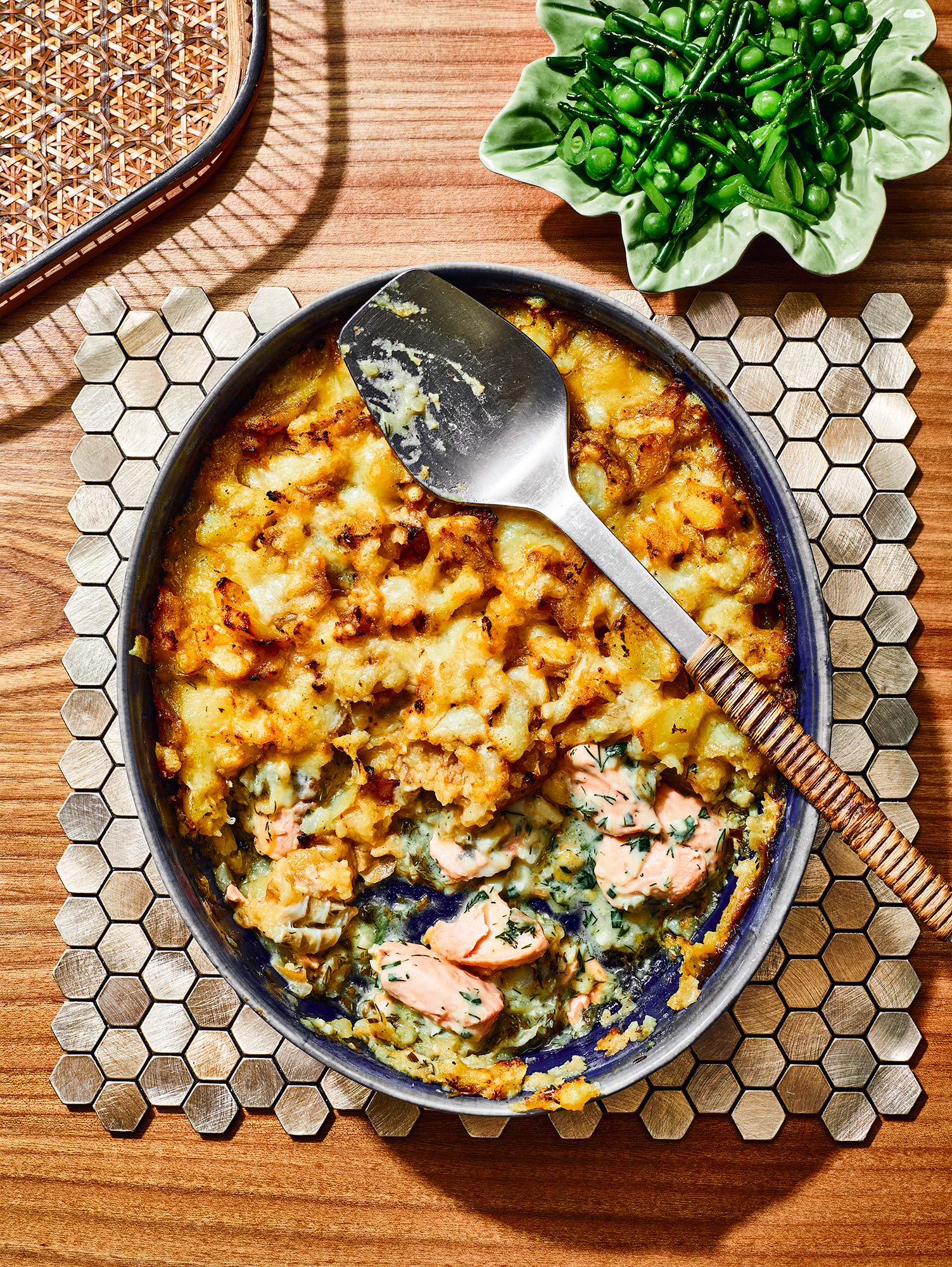 Fish Pie in Vermouth and Herb Sauce with Pea and Samphire Fricassee