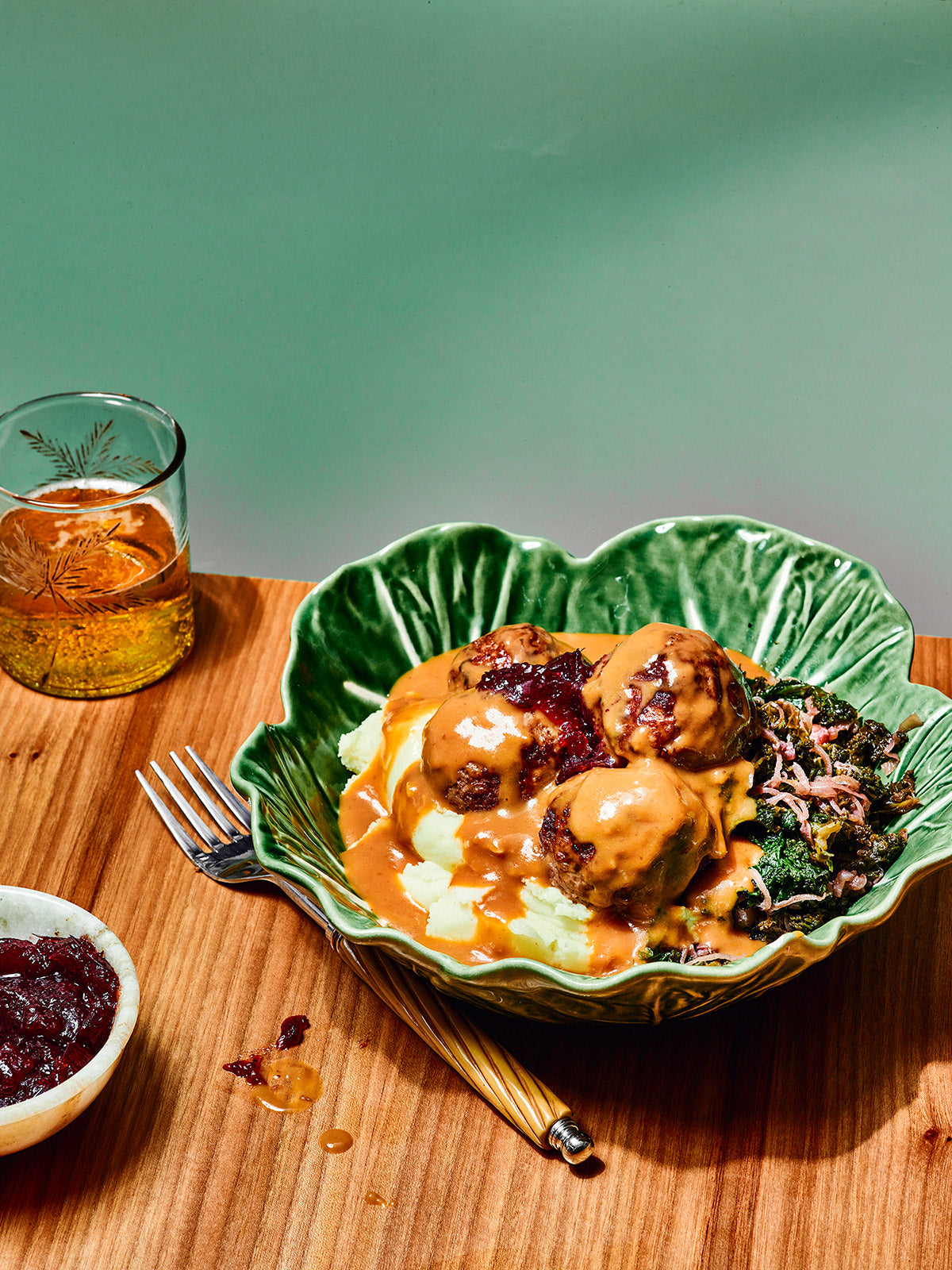 Swedish Style Meatballs with Mash, Braised Kale and Cranberry Sauce