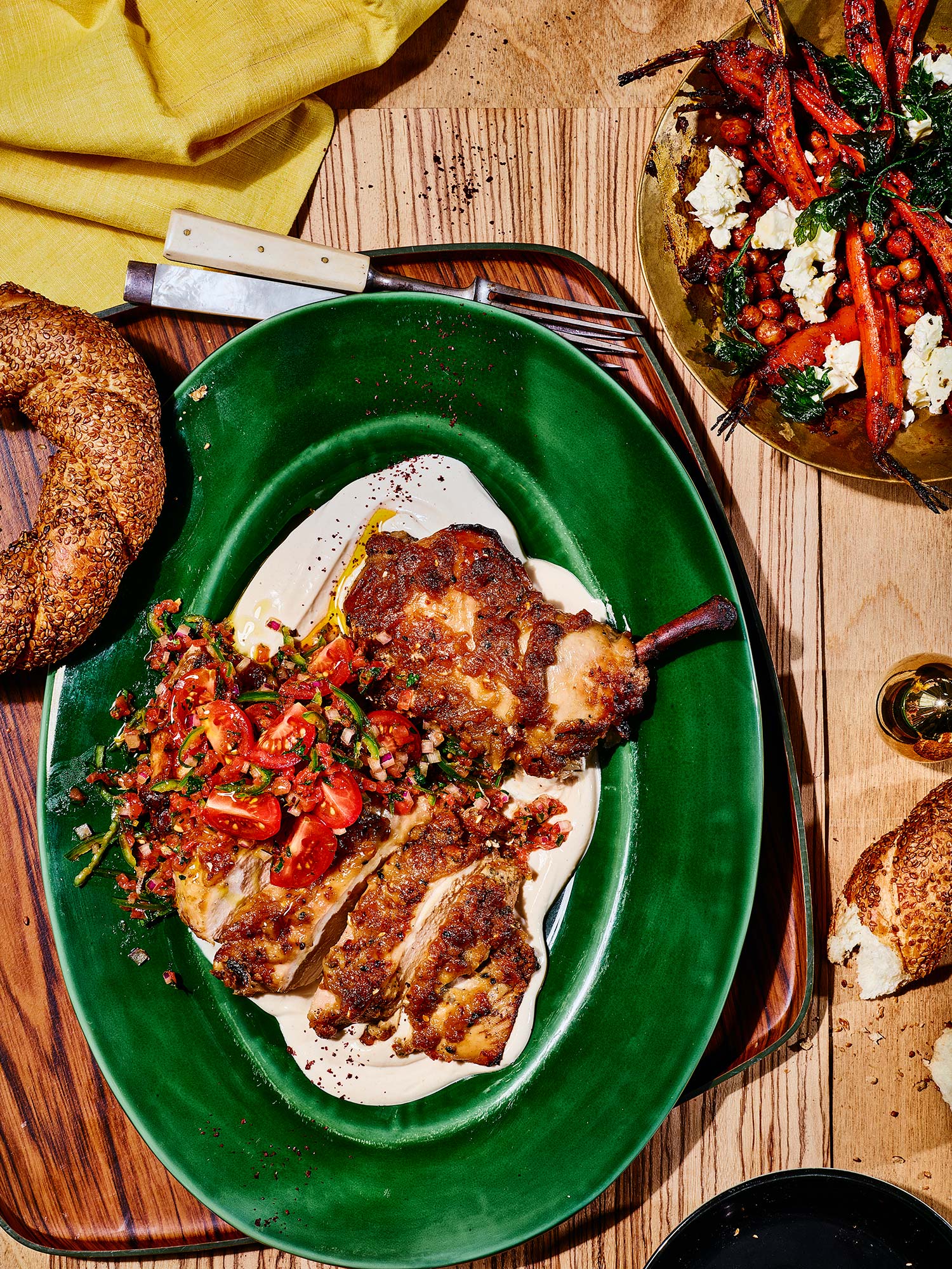 Tahini Chicken, Honey Harissa Roasted Carrots, Sesame Pretzel