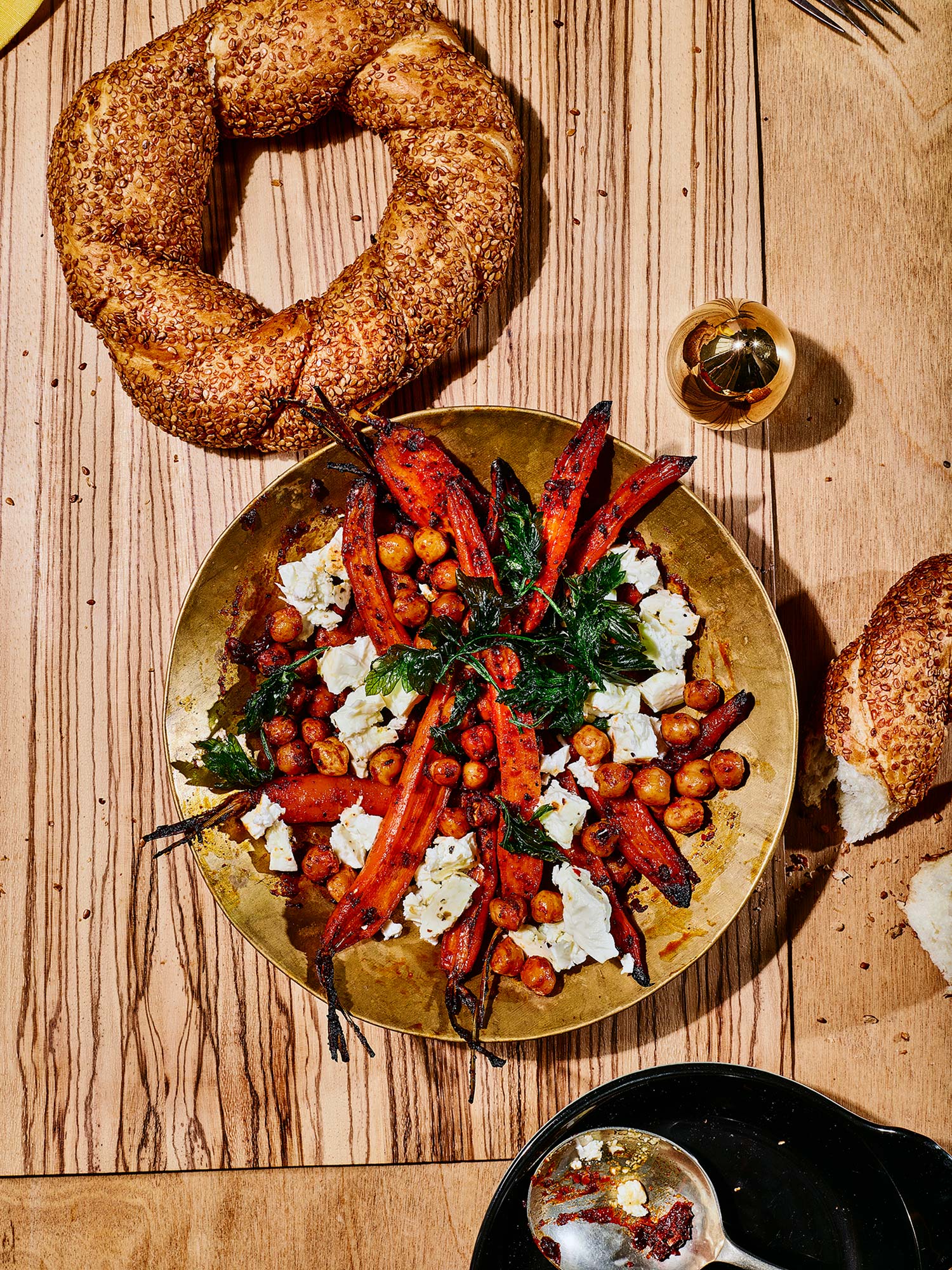 Tahini Chicken, Honey Harissa Roasted Carrots, Sesame Pretzel