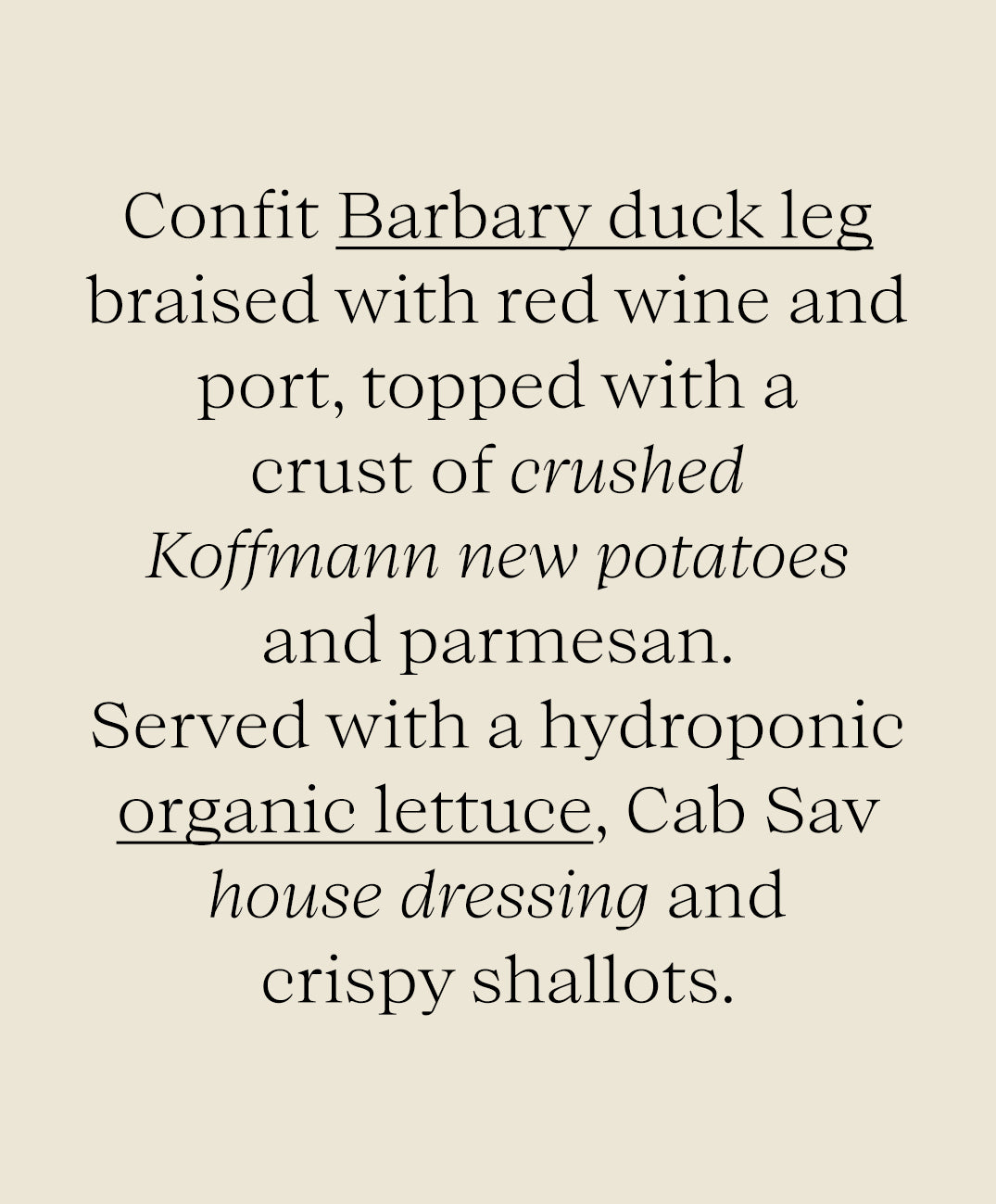 Shepherd's Pie of Confit Barbary Duck Topped with Crushed New Potatoes